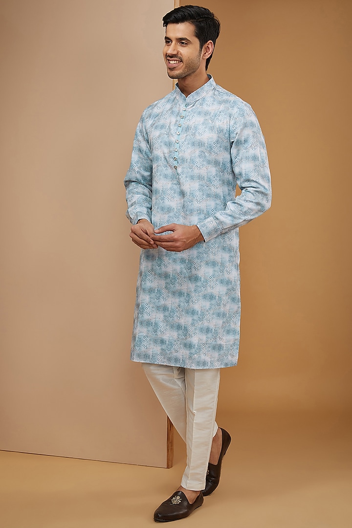 Sky Blue Cotton Silk Ikat Printed & Thread Embroidered Kurta Set by RNG Safawala Men