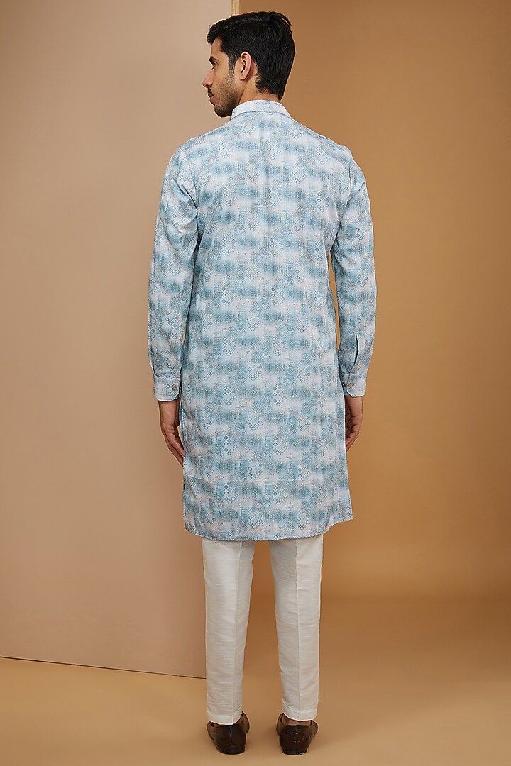 Sky Blue Cotton Silk Ikat Printed & Thread Embroidered Kurta Set by RNG Safawala Men at Pernia's Pop Up Shop