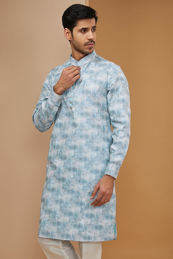 Sky Blue Cotton Silk Ikat Printed & Thread Embroidered Kurta Set by RNG Safawala Men at Pernia's Pop Up Shop