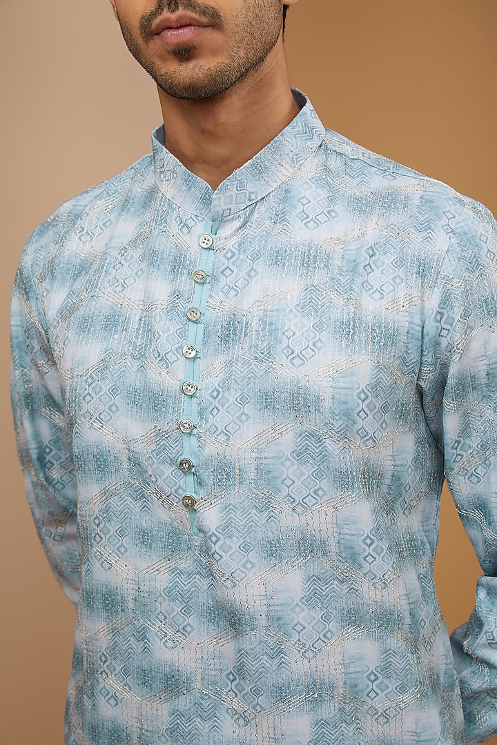 Sky Blue Cotton Silk Ikat Printed & Thread Embroidered Kurta Set by RNG Safawala Men at Pernia's Pop Up Shop