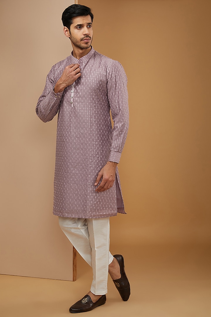 Lilac Cotton Silk Thread Embroidered Kurta Set by RNG Safawala Men