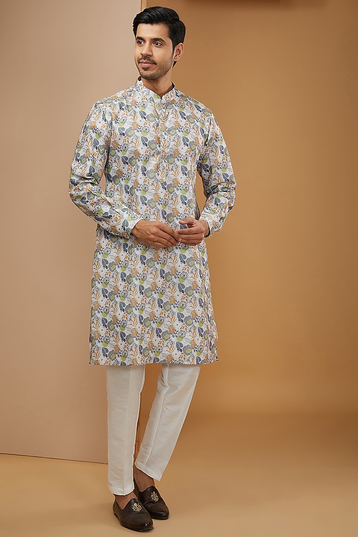Off-White Dupion Silk Floral Digital Printed Kurta Set by RNG Safawala Men