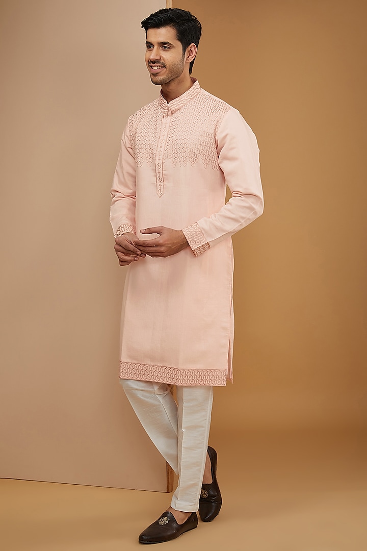Powder Pink Cotton Silk Thread Embroidered Kurta Set by RNG Safawala Men