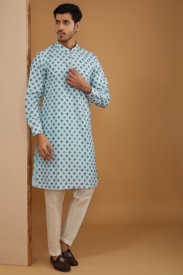 Light Blue Cotton Silk Ikat Printed & Thread Embroidered Kurta Set by RNG Safawala Men
