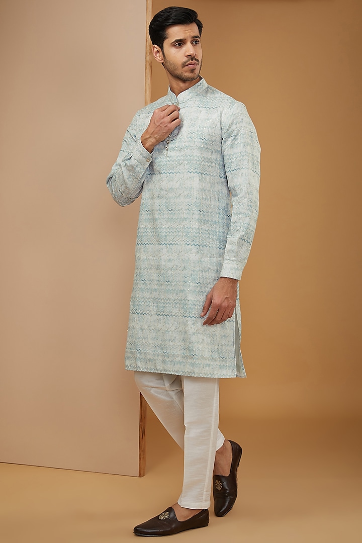 Blue Cotton Silk Ikat Printed & Thread Embroidered Kurta Set by RNG Safawala Men