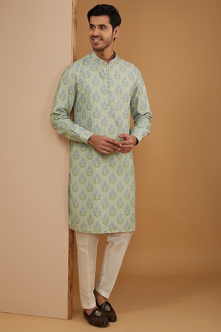 Beige Georgette Floral Printed & Chikankari Embroidered Kurta Set by RNG Safawala Men