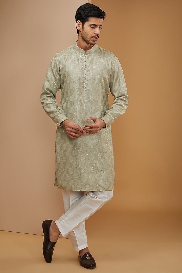 Sage Green Georgette Sequins Embroidered Kurta Set by RNG Safawala Men at Pernia's Pop Up Shop