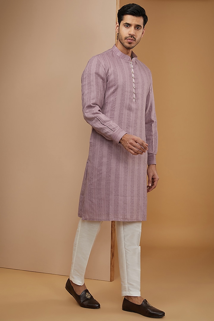 Lavender Pure Cotton Thread Embroidered Kurta Set by RNG Safawala Men
