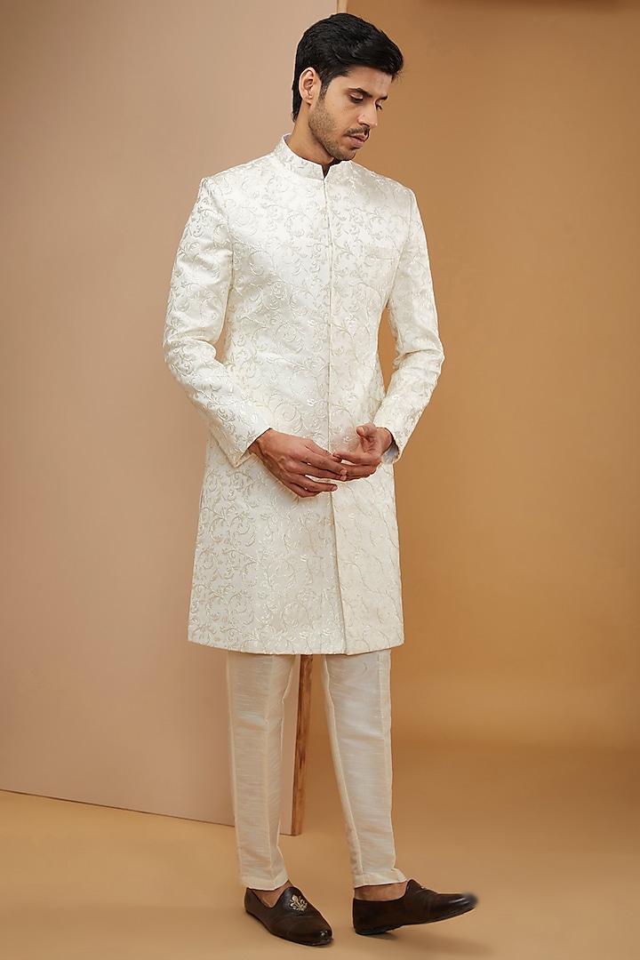 Off-White Terry Silk Zari Embroidered Sherwani Set by RNG Safawala Men