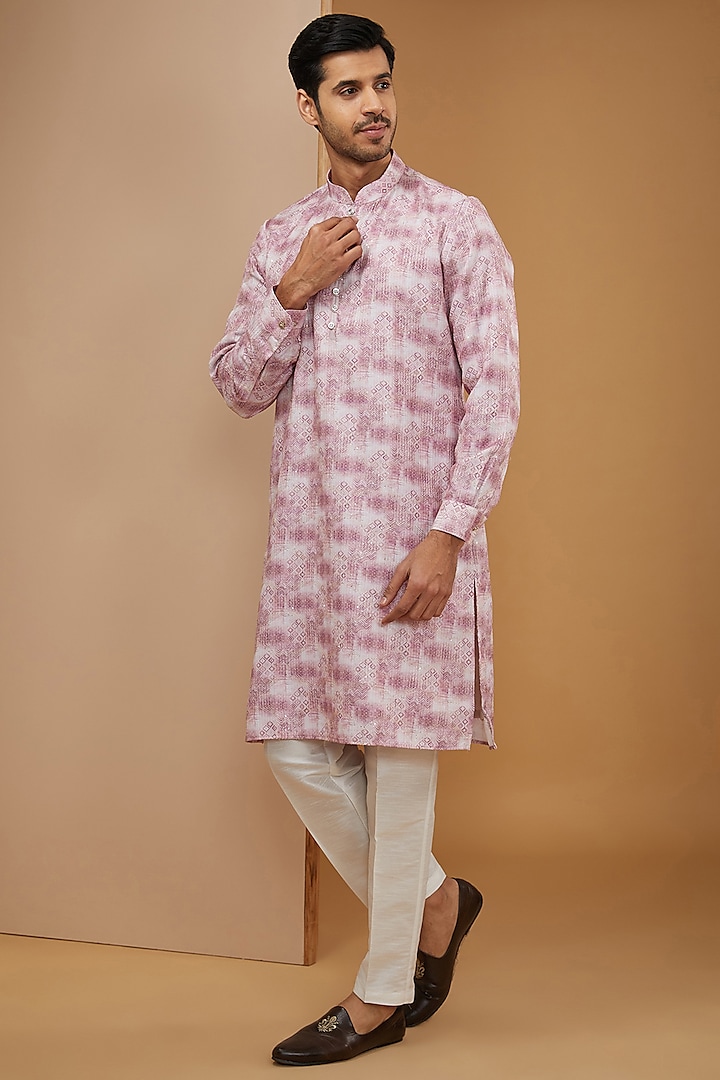 Baby Pink Cotton Silk Ikat Printed & Thread Embroidered Kurta Set by RNG Safawala Men
