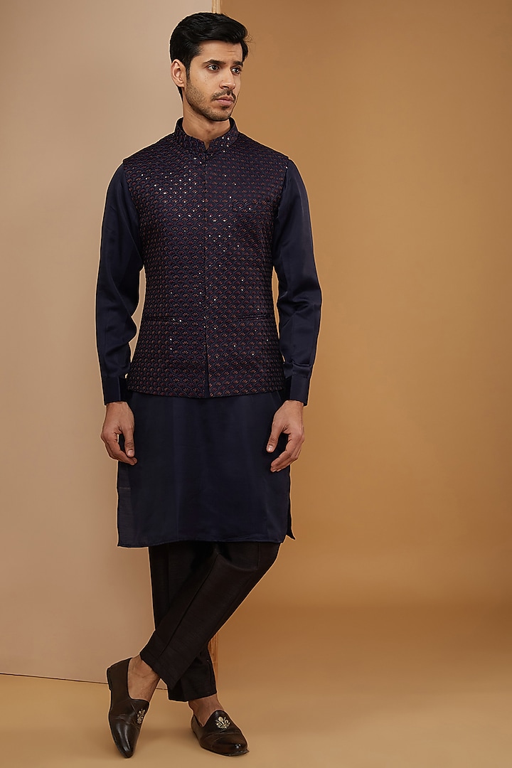 Royal Blue Terry Silk Sequins Embroidered Bundi Jacket Set by RNG Safawala Men