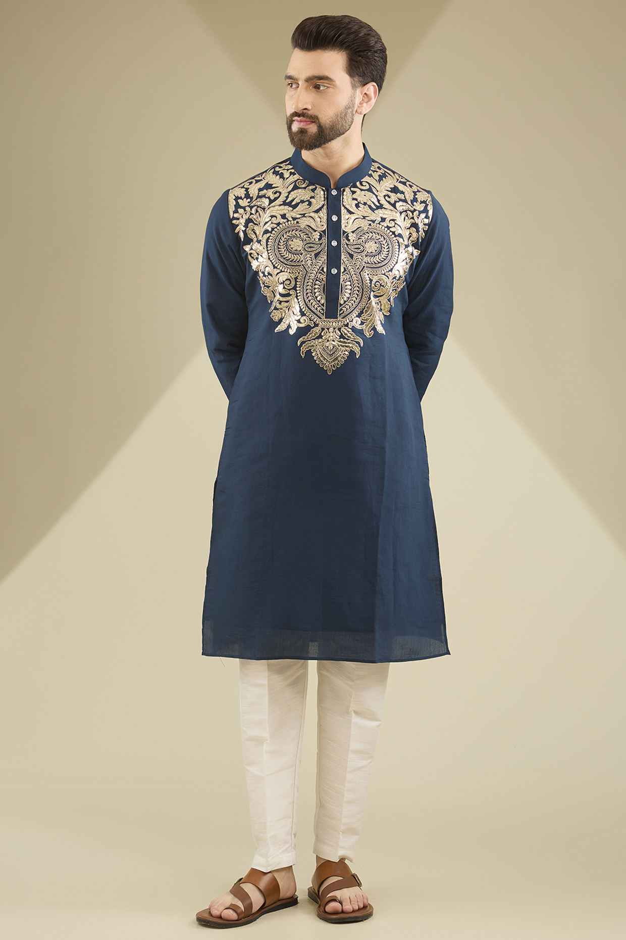Navy Blue Cotton Silk Resham Embroidered Kurta Set by RNG Safawala Men at Pernia's Pop Up Shop
