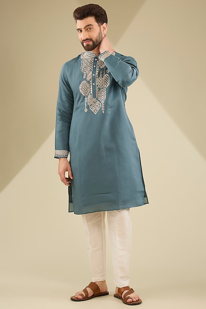 Grey Cotton Silk Resham Embroidered Kurta Set by RNG Safawala Men