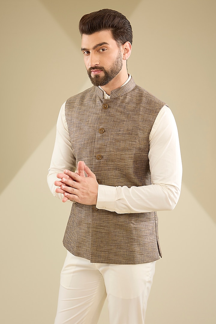 Brown Artificial Tweed Textured Jacket by RNG Safawala Men at Pernia's Pop Up Shop