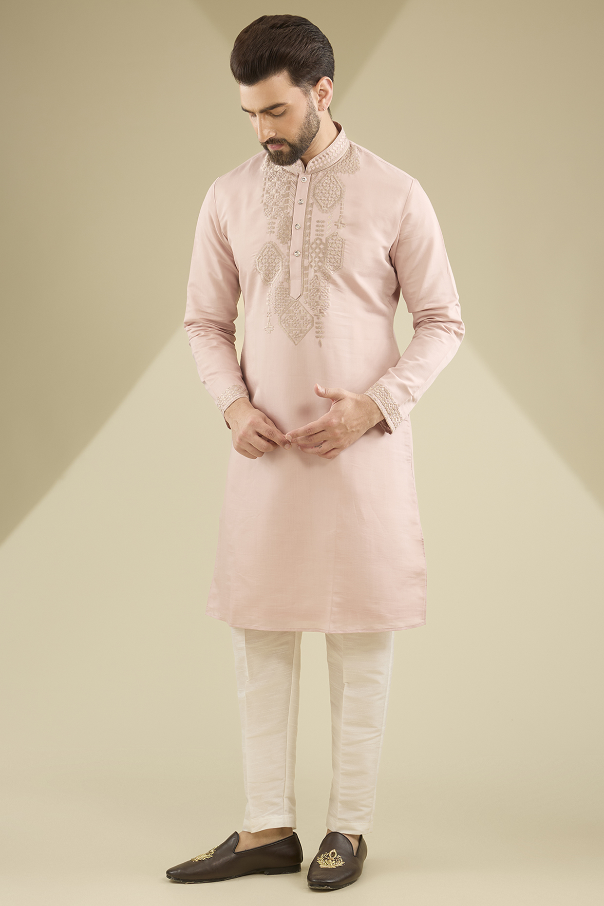 Blush Pink Cotton Silk Resham Embroidered Kurta Set by RNG Safawala Men