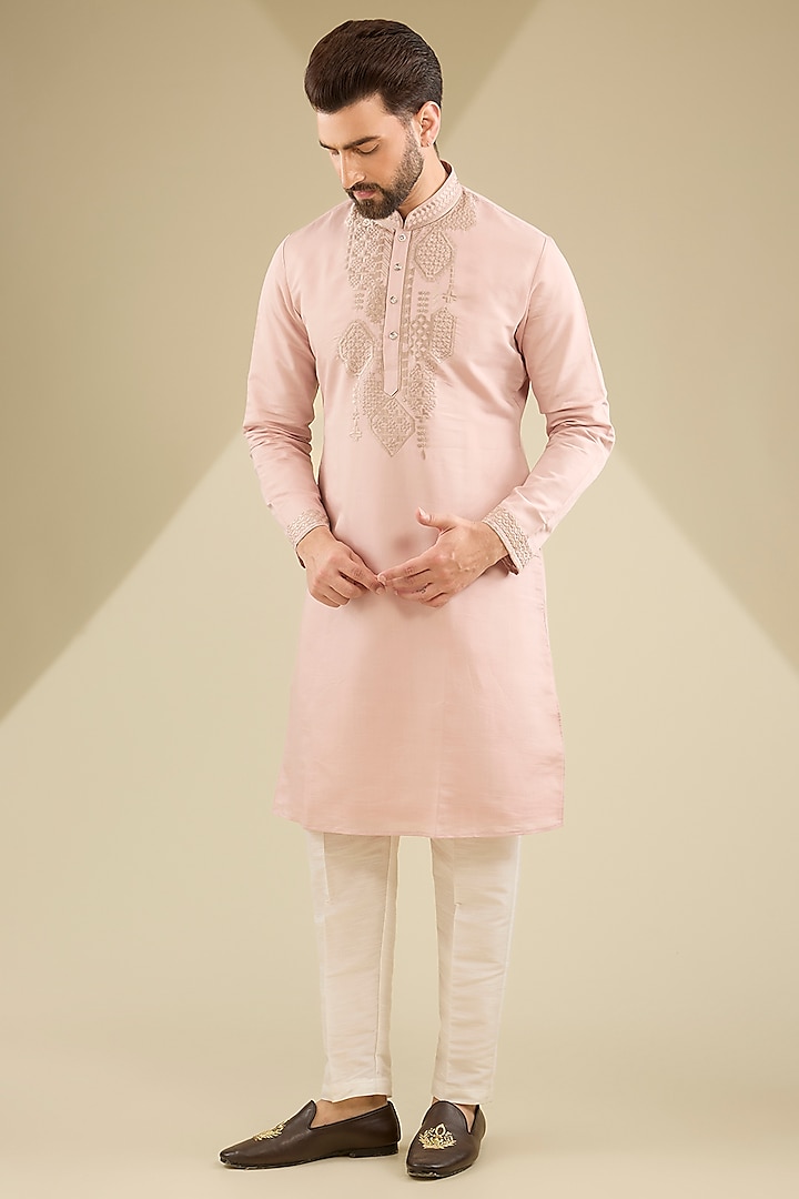 Blush Pink Cotton Silk Resham Embroidered Kurta Set by RNG Safawala Men