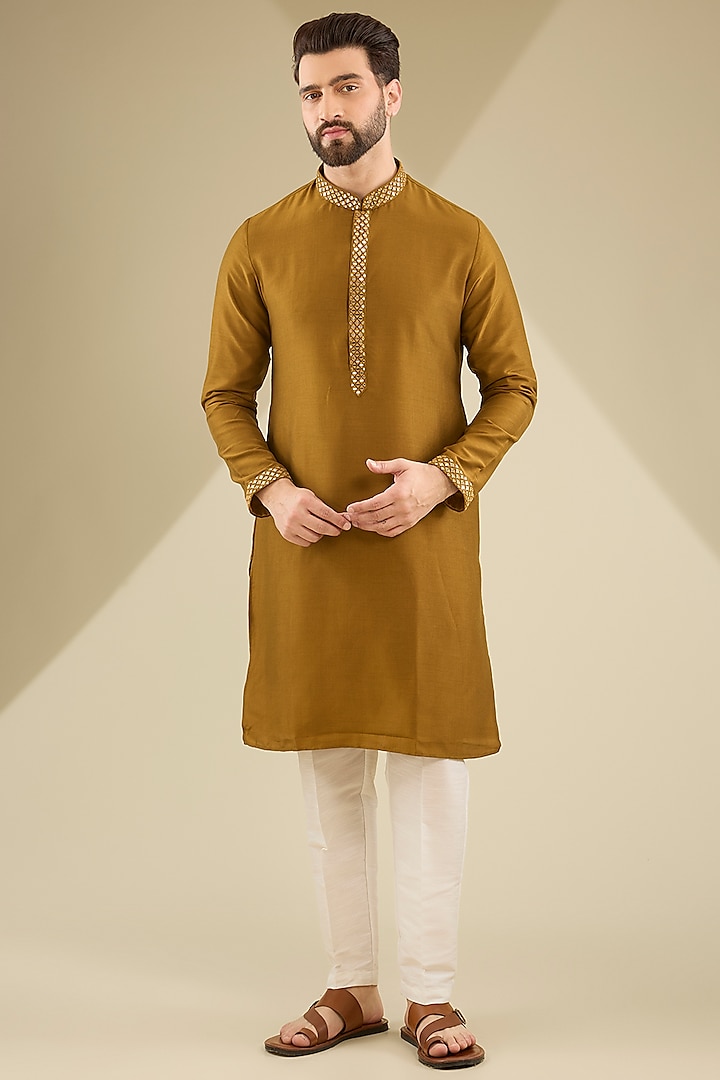 Mustard Cotton Silk Mirror Embroidered Kurta Set by RNG Safawala Men