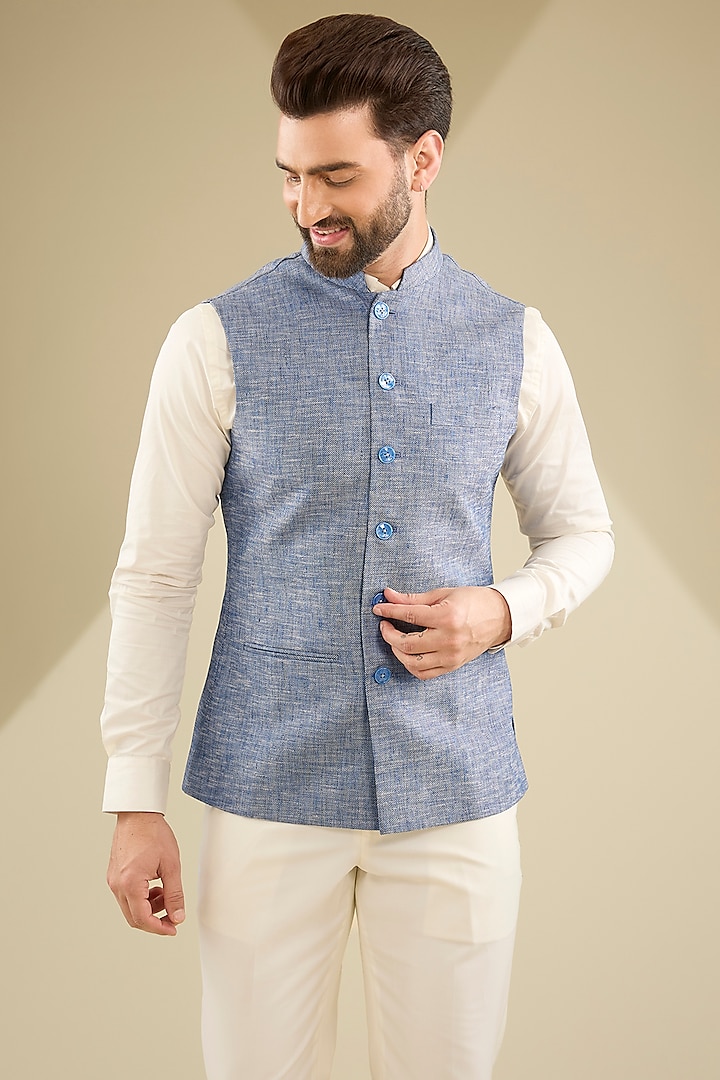 Blue Artificial Tweed Textured Jacket by RNG Safawala Men