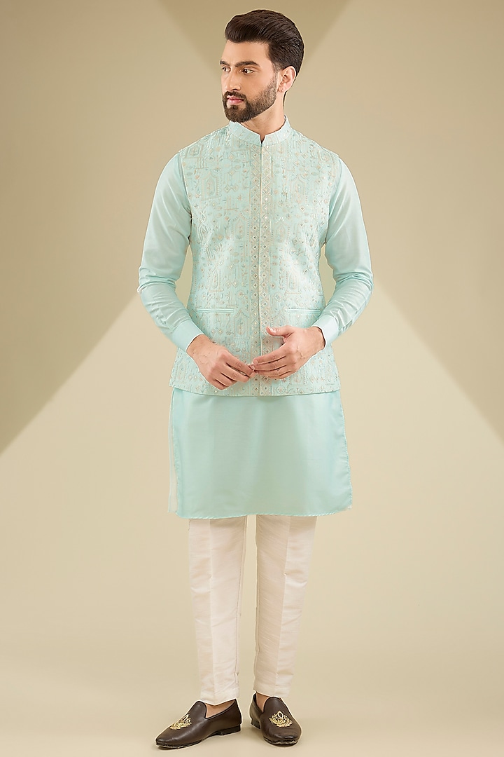 Mint Green Raw Silk Thread Embroidered Bundi Jacket Set by RNG Safawala Men