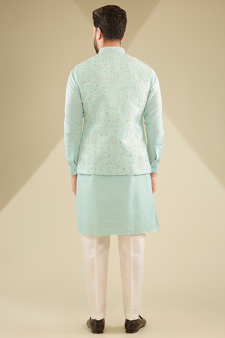 Mint Green Raw Silk Thread Embroidered Bundi Jacket Set by RNG Safawala Men at Pernia's Pop Up Shop