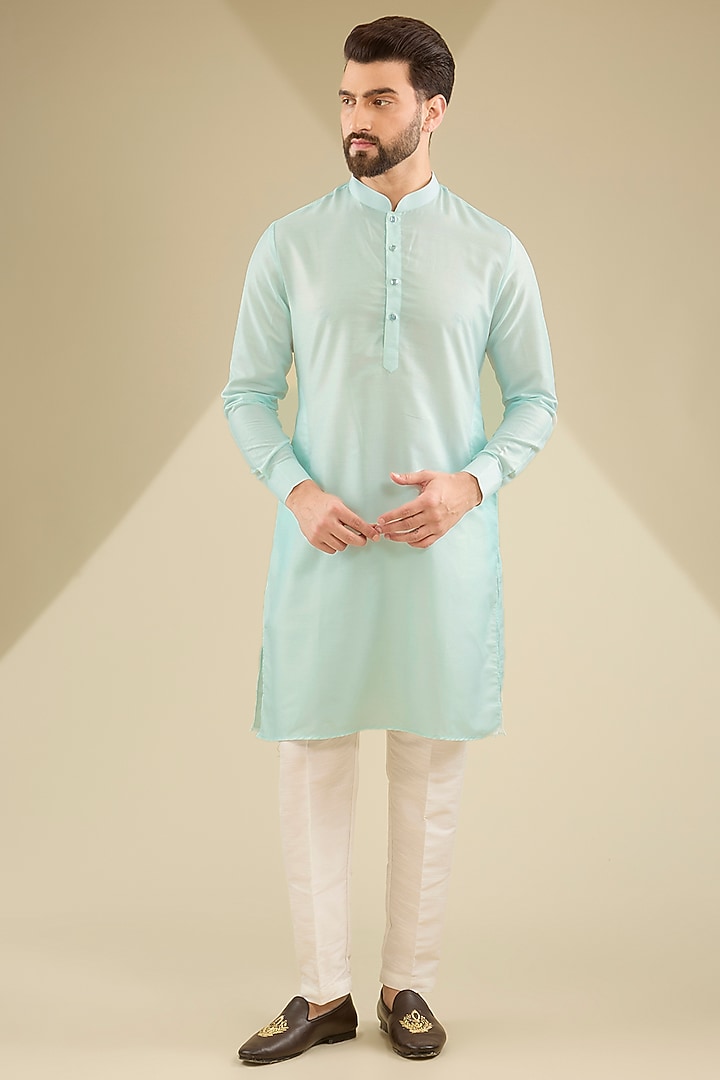 Mint Green Raw Silk Thread Embroidered Bundi Jacket Set by RNG Safawala Men at Pernia's Pop Up Shop