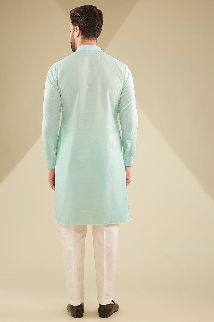Mint Green Raw Silk Thread Embroidered Bundi Jacket Set by RNG Safawala Men at Pernia's Pop Up Shop
