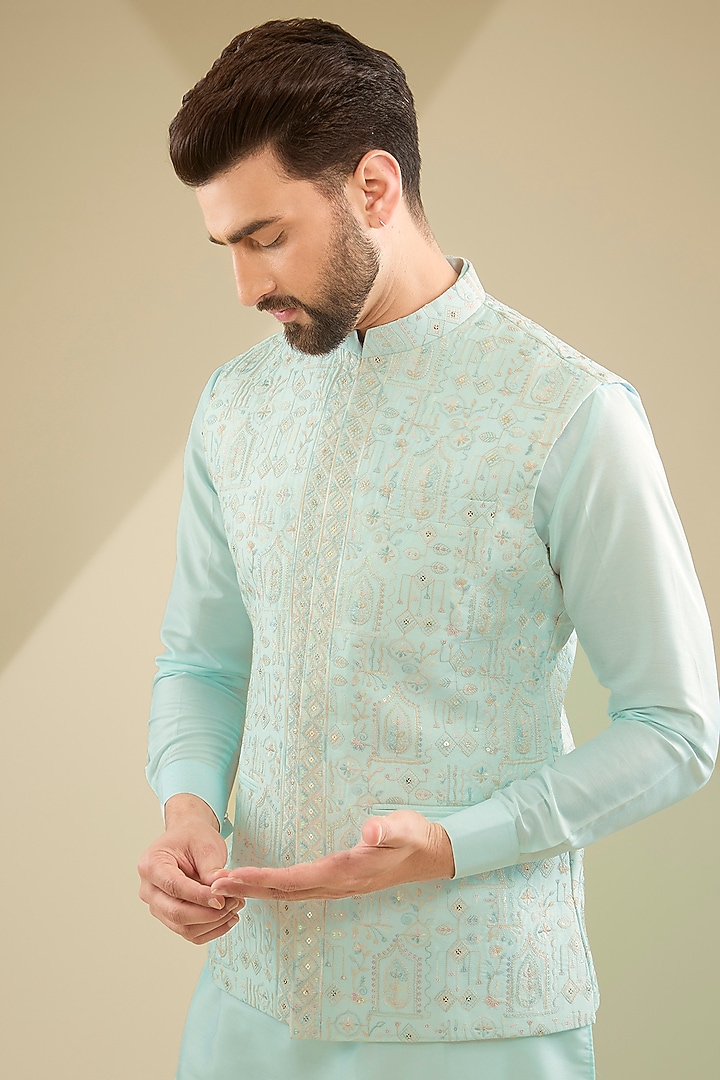 Mint Green Raw Silk Thread Embroidered Bundi Jacket Set by RNG Safawala Men at Pernia's Pop Up Shop