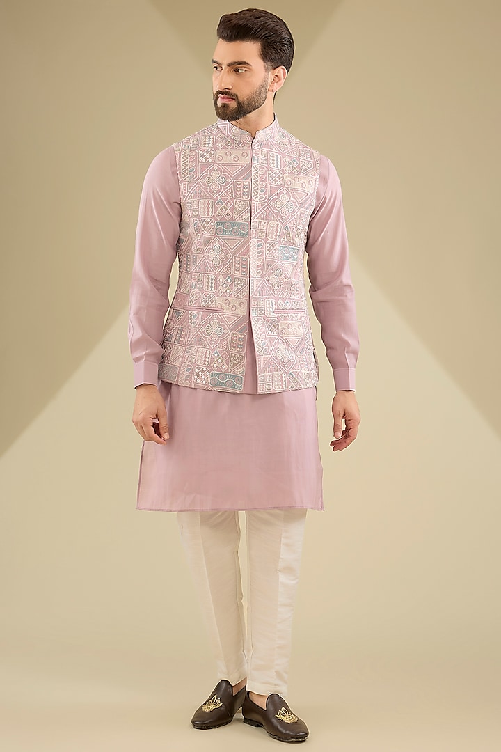 Mauve Raw Silk Thread Embroidered Bundi Jacket Set by RNG Safawala Men