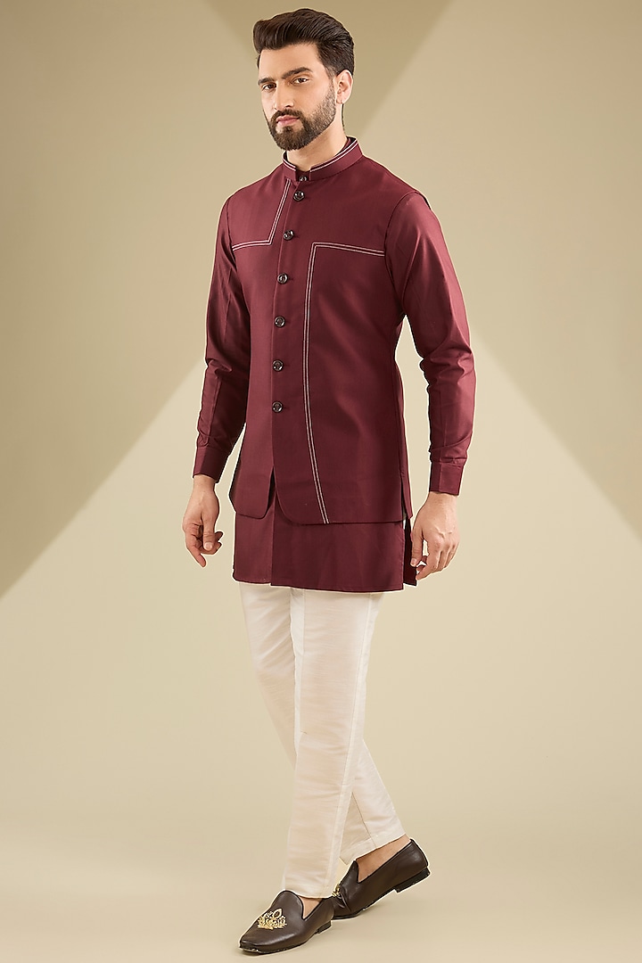 Maroon Crepe Silk Bundi Jacket Set by RNG Safawala Men