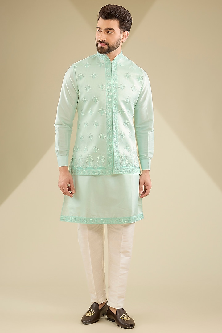 Mint Green Raw Silk Pearl Embroidered Bundi Jacket Set by RNG Safawala Men