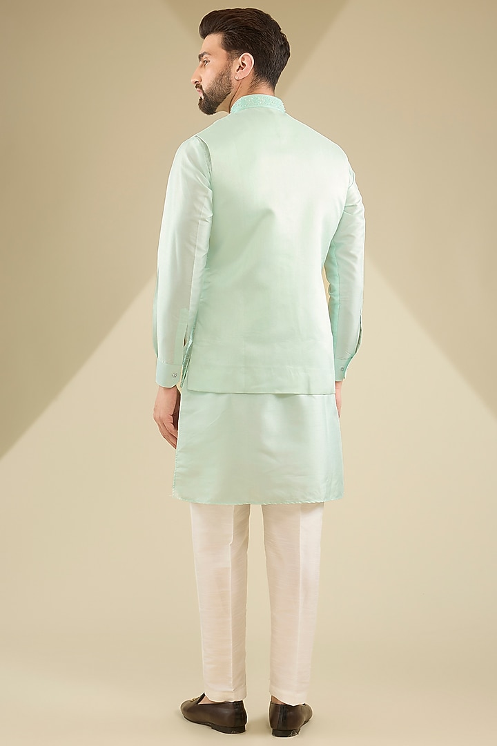 Mint Green Raw Silk Pearl Embroidered Bundi Jacket Set by RNG Safawala Men at Pernia's Pop Up Shop