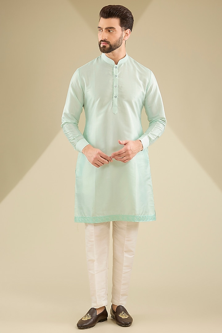 Mint Green Raw Silk Pearl Embroidered Bundi Jacket Set by RNG Safawala Men at Pernia's Pop Up Shop