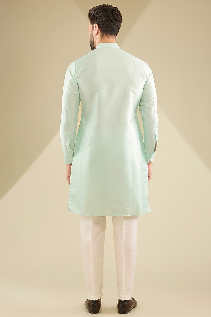 Mint Green Raw Silk Pearl Embroidered Bundi Jacket Set by RNG Safawala Men at Pernia's Pop Up Shop