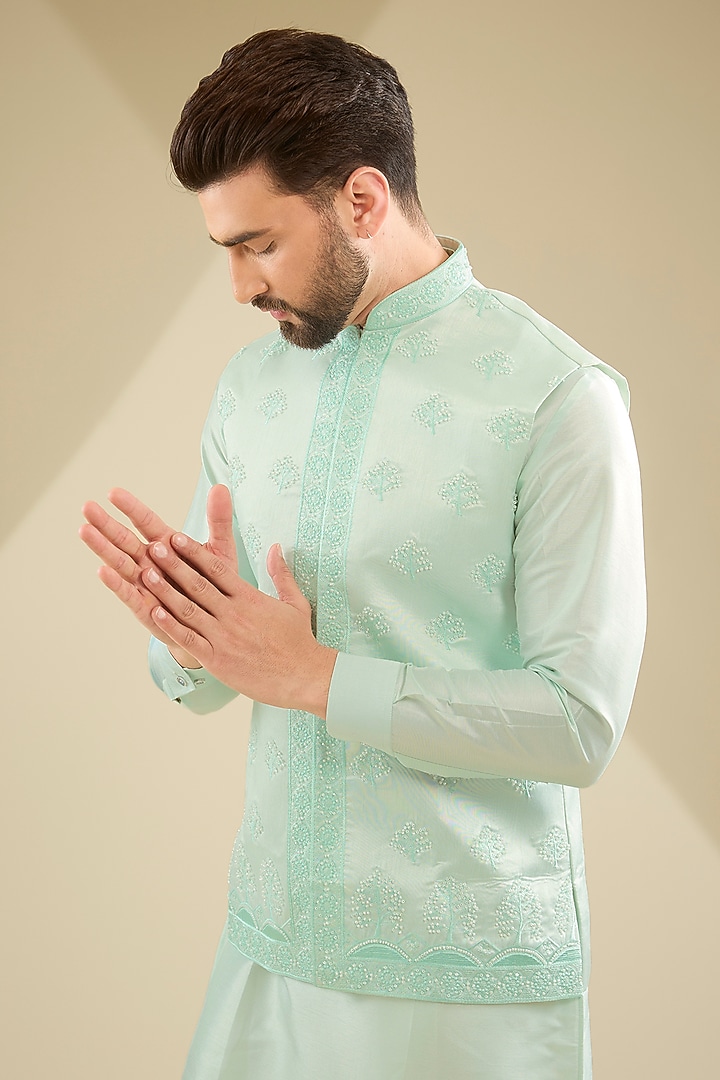 Mint Green Raw Silk Pearl Embroidered Bundi Jacket Set by RNG Safawala Men at Pernia's Pop Up Shop