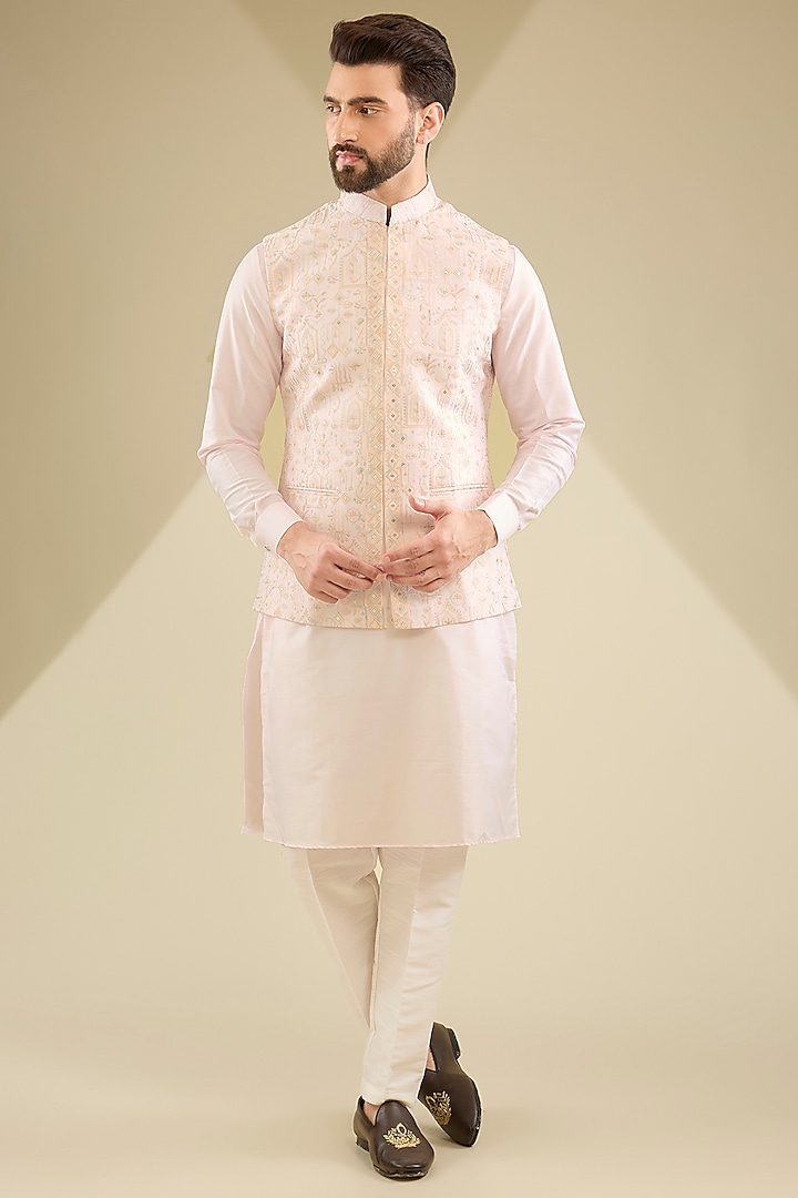 Blush Pink Raw Silk Sequins Embroidered Bundi Jacket Set by RNG Safawala Men