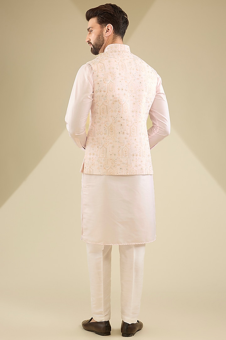 Blush Pink Raw Silk Sequins Embroidered Bundi Jacket Set by RNG Safawala Men at Pernia's Pop Up Shop