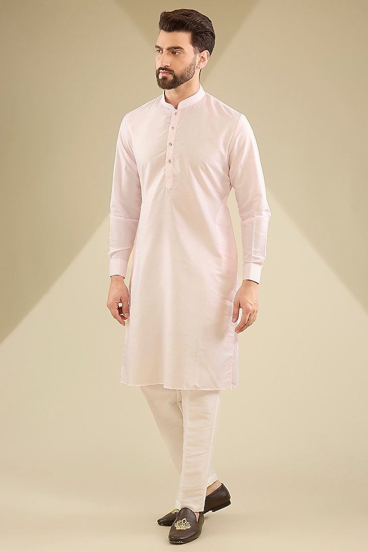 Blush Pink Raw Silk Sequins Embroidered Bundi Jacket Set by RNG Safawala Men at Pernia's Pop Up Shop