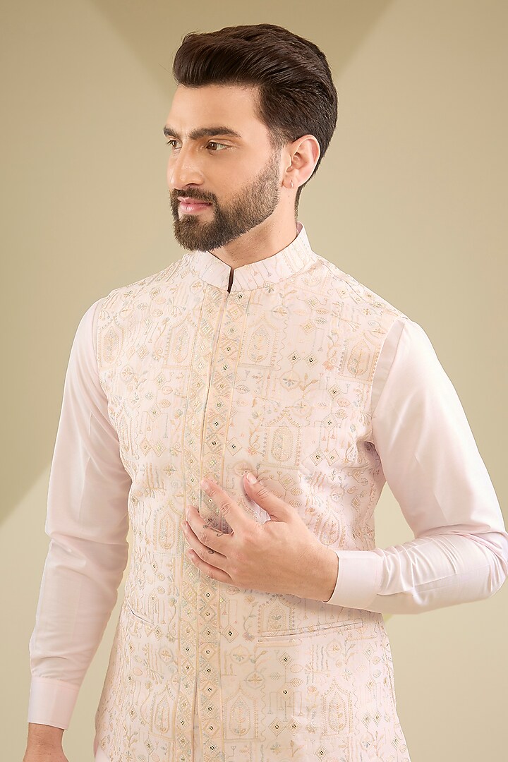 Blush Pink Raw Silk Sequins Embroidered Bundi Jacket Set by RNG Safawala Men at Pernia's Pop Up Shop