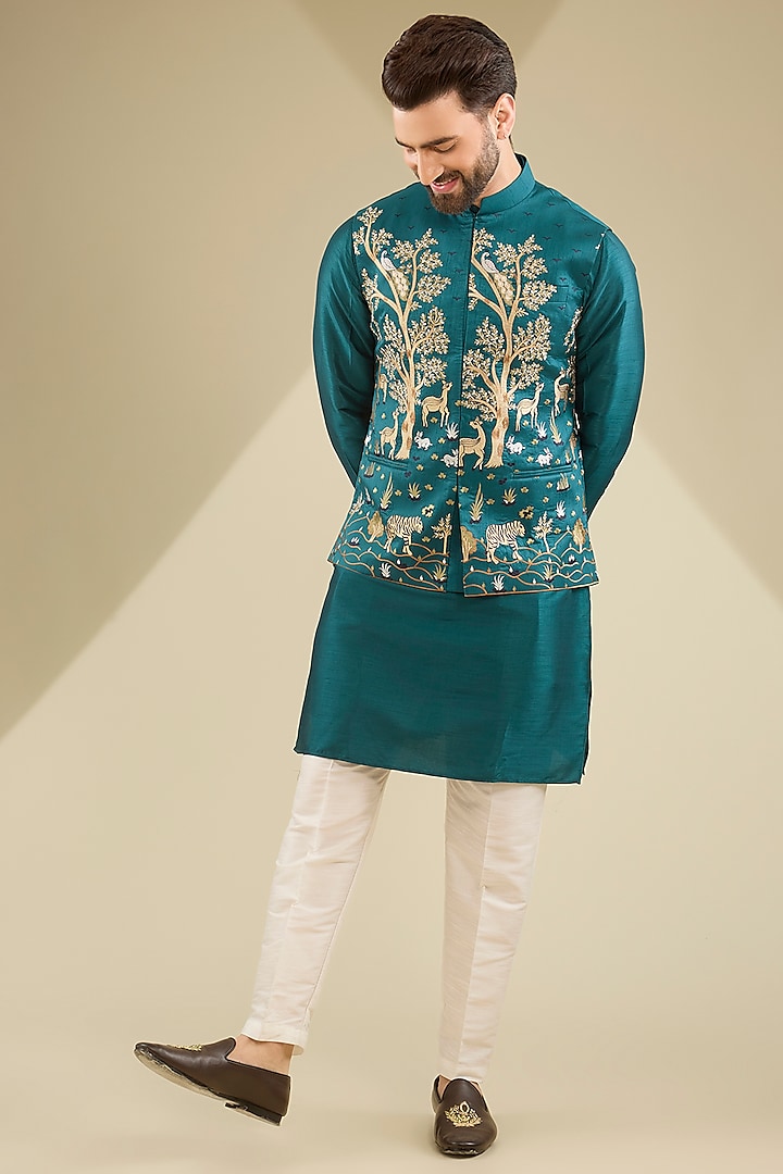 Bottle Green Raw Silk Thread Embroidered Bundi Jacket Set by RNG Safawala Men