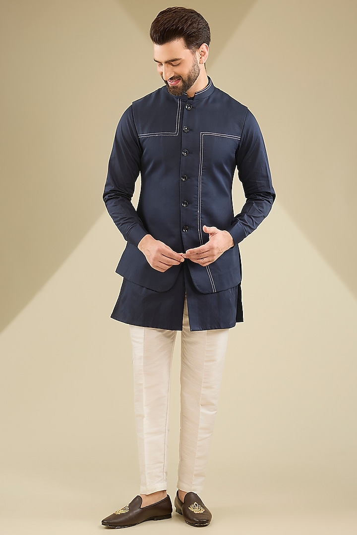 Navy Blue Crepe Silk Bundi Jacket Set by RNG Safawala Men