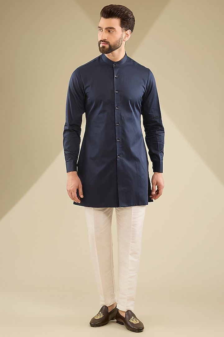 Navy Blue Crepe Silk Bundi Jacket Set by RNG Safawala Men at Pernia's Pop Up Shop