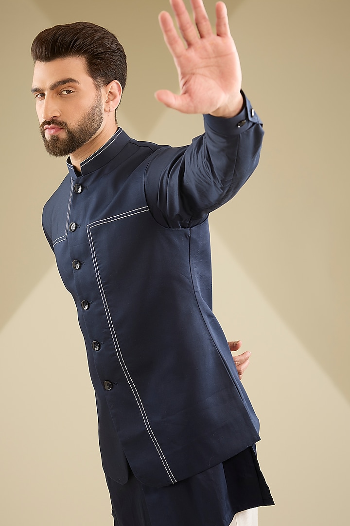 Navy Blue Crepe Silk Bundi Jacket Set by RNG Safawala Men at Pernia's Pop Up Shop