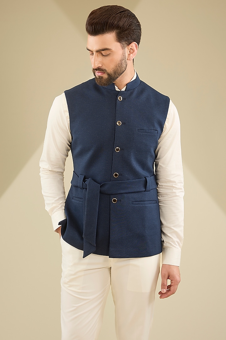 Blue French Terry Jacket With Belt by RNG Safawala Men