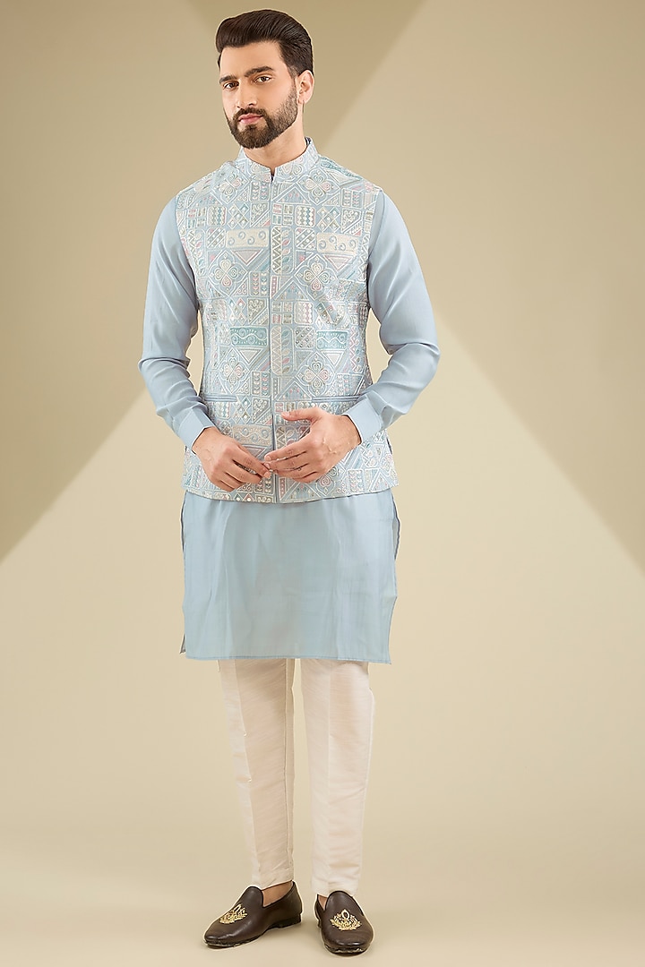 Powder Blue Raw Silk Thread Embroidered Bundi Jacket Set by RNG Safawala Men