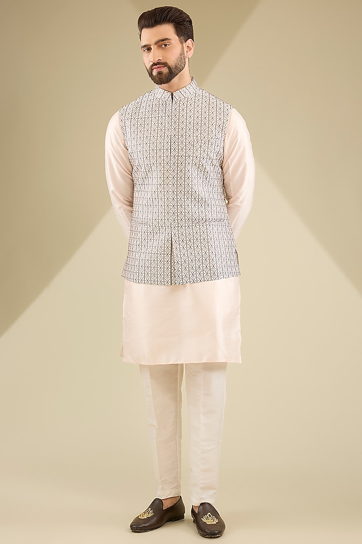 Peach Raw Silk Thread Embroidered Bundi Jacket Set by RNG Safawala Men