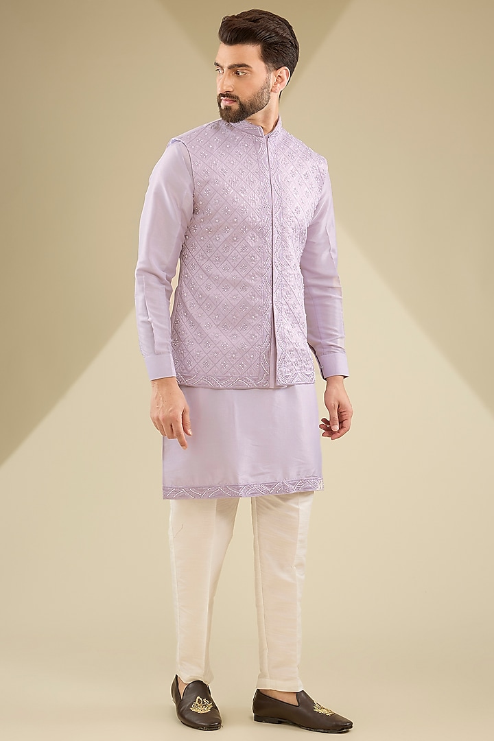 Lavender Raw Silk Thread Embroidered Bundi Jacket Set by RNG Safawala Men