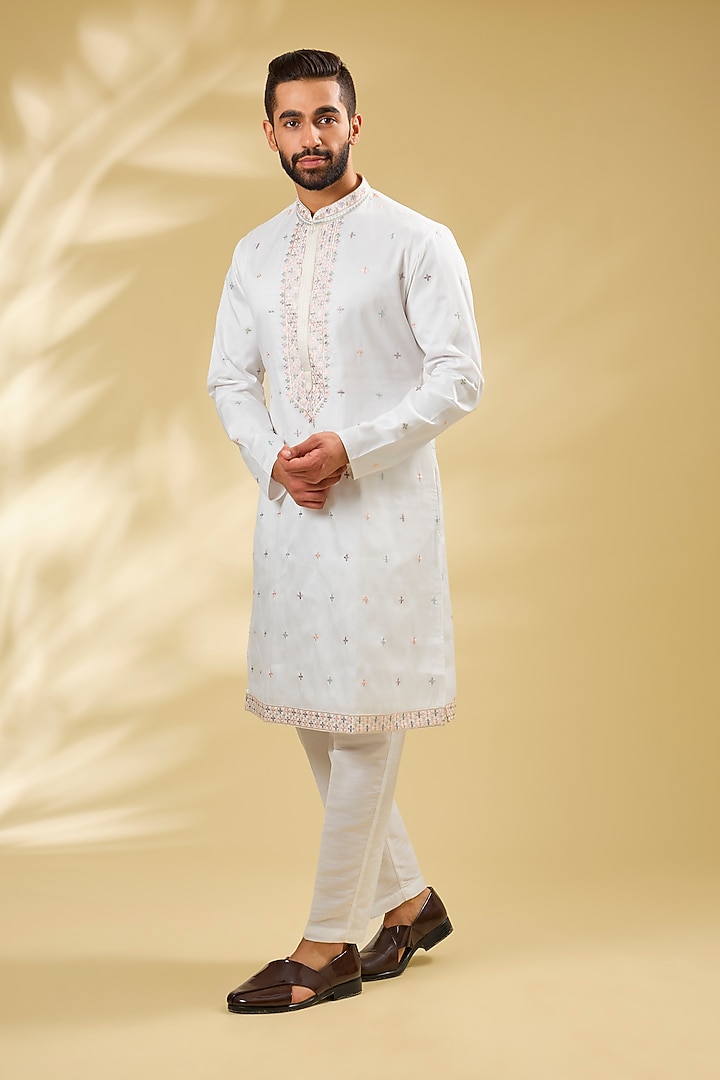 Off-White Raw Silk Resham Embroidered Wedding Indowestern Set by RNG Safawala Men at Pernia's Pop Up Shop