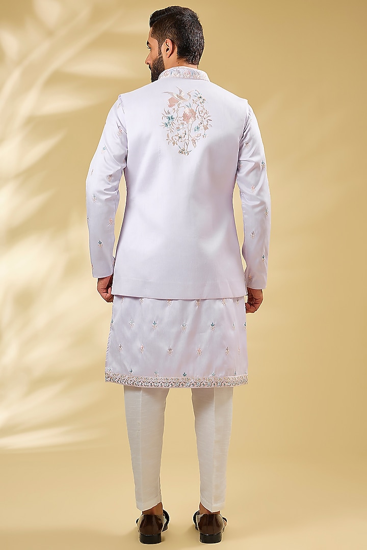 Lilac Raw Silk Resham Embroidered Wedding Indowestern Set by RNG Safawala Men at Pernia's Pop Up Shop