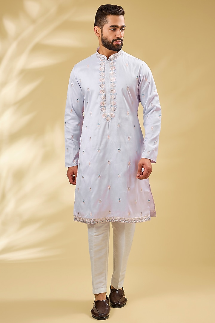 Lilac Raw Silk Resham Embroidered Wedding Indowestern Set by RNG Safawala Men at Pernia's Pop Up Shop
