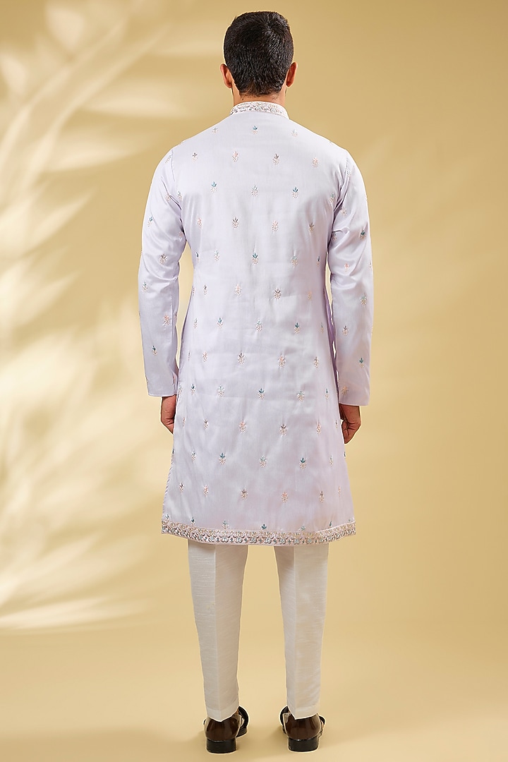 Lilac Raw Silk Resham Embroidered Wedding Indowestern Set by RNG Safawala Men at Pernia's Pop Up Shop